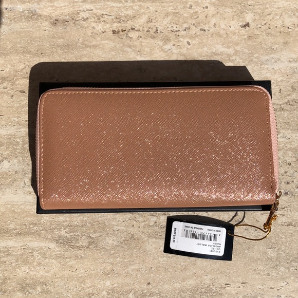 BEBE Rose Gold Sparkle Faux Leather Wristlet / Clutch / Wallet 8"x 4" - Picture 2 of 12